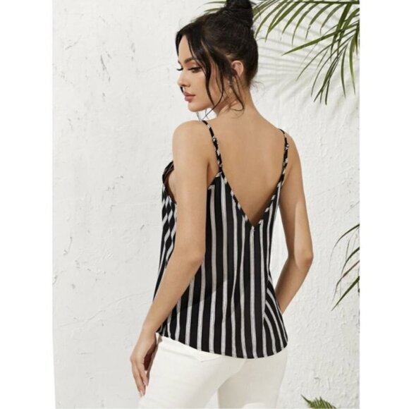 Shein Double V Neck Striped Strappy Spaghetti Sleeveless Blouse Cami Tank Top M - Picture 3 of 14